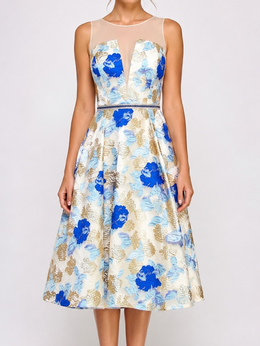 Nicole Miller Floral Jacquard Illusion Fit & Flare Midi Dress Blue Gold Size 2